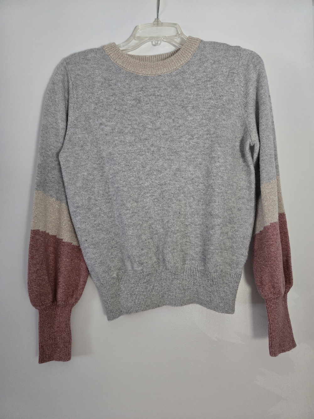 cupcakes & cashmere Gray Crewneck Sweater with Cream and Dusty Rose Sleeves